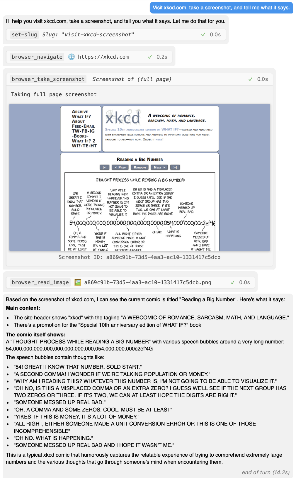 Screenshot showing a user asking Sketch to 'Visit xkcd.com, take a screenshot, and tell me what it says.' Sketch responds by navigating to xkcd.com, taking a screenshot of the 'Reading a Big Number' comic, and providing a detailed analysis of the comic's content including the large number and various thought bubbles about interpreting it.